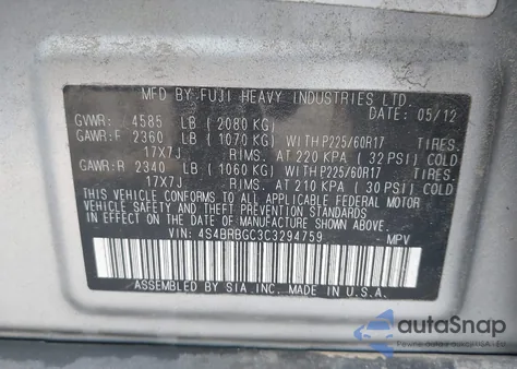 2012 Subaru Outback 2.5I Premium z USA, uszkodzony, nr VIN 4S4BRBGC3C3294759